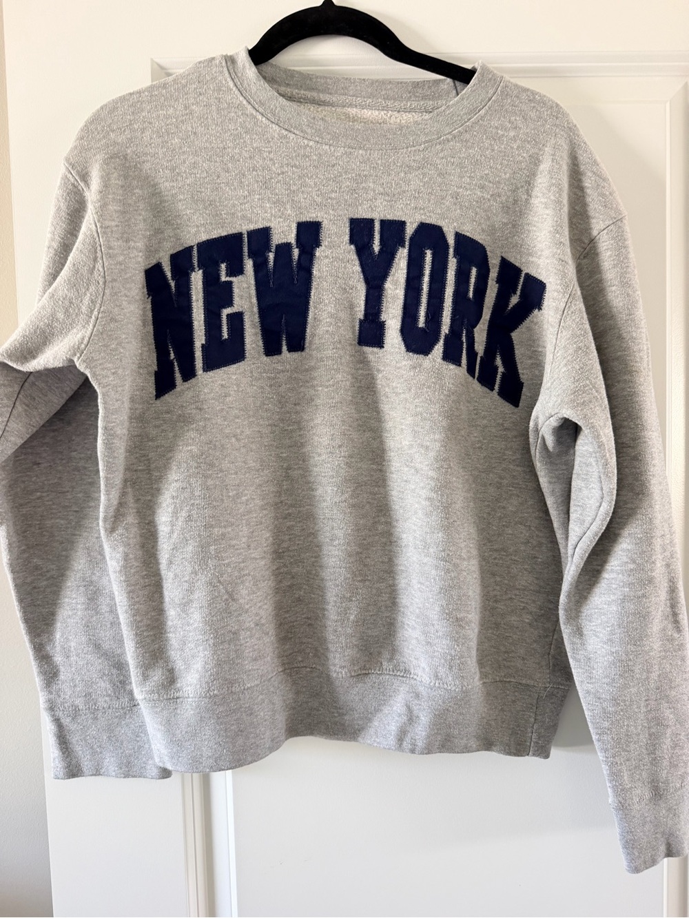 Gray Crewneck Sweater with Navy 'New York' Embroidery